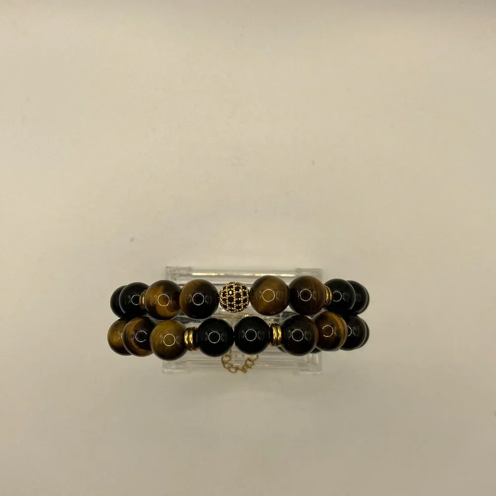 Tiger Eye Cubic Zirconia + Black Agate Gemstone 2-strand Bracelet Brand New